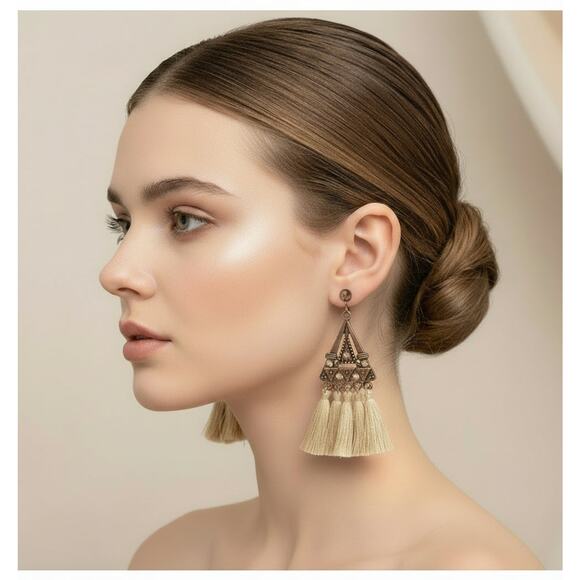 Clip on 3 1/4" xlong copper comfort fit coil dangle brown string earrings - Picture 2 of 4